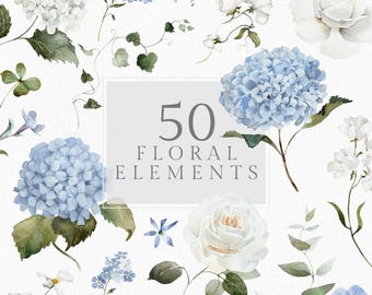 May include: A set of 50 watercolor floral elements, including blue and white hydrangeas, white roses, forget-me-nots, and green leaves.