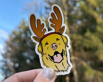 Golden Retriever Christmas Sticker: Reindeer Antlers Dog Gift