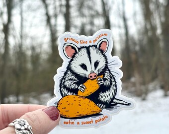 Cute Possum Sticker | Grinnin’ Like a Possum Eating a Sweet Potato | Southern Slang Vinyl Sticker | Animal Lover Gift