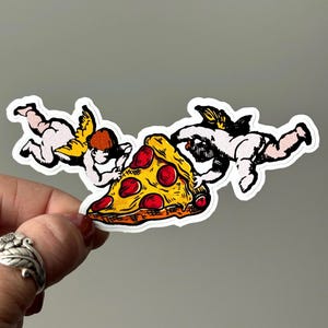 Autocollant drôle de pizza de Cupidon de Zazzle.be Liste d'envies Vous avez des idées ? Angel Angels portant une tranche de pepperoni