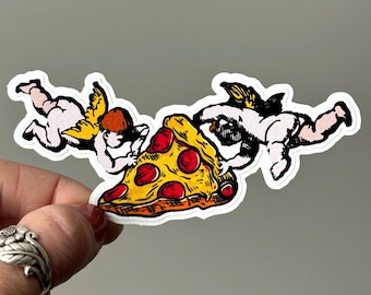 Valentines Funny Cupid Pizza Sticker | Angel Cherubs Carrying Pepperoni Slice