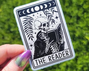 Glittery "The Reader" Sticker | Skeleton Tarot-Inspired Design
