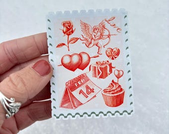Vintage Valentine Stamp Sticker | Retro Cupid & Hearts Design | Romantic Scrapbook Sticker