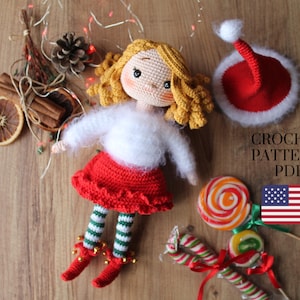 Christmas doll, English PDF pattern, Amigurumi pattern doll, Crochet for doll Sabina,