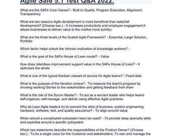 Könnte beinhalten: Ein schwarz-weißes Textdokument mit dem Titel "SAFe 5.1 - All Lessons" und dem Untertitel "Agile Safe 5.1 Test Q&A 2022."
