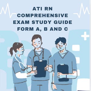 Puede incluir: Ilustración de tres enfermeras con batas azules, un estetoscopio y un portapapeles, sobre un fondo azul claro con un gráfico de latido del corazón blanco y el texto "ATI RN COMPREHENSIVE EXAM STUDY GUIDE FORM A, B AND C".