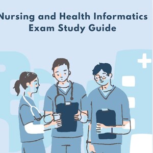 Può includere: Tre infermiere in camice blu si trovano di fronte a un edificio azzurro chiaro con una croce bianca. Le infermiere tengono delle cartelle e una tazza di caffè. Il testo "Nursing and Health Informatics Exam Study Guide" è in cima all'immagine.