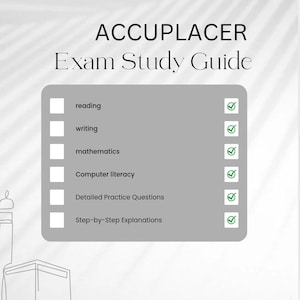 Może przedstawiać: Lista kontrolna tematów z przewodnika do nauki na egzamin ACCUPLACER, obejmująca czytanie, pisanie, matematykę, umiejętności komputerowe, szczegółowe pytania ćwiczebne i instrukcje krok po kroku.