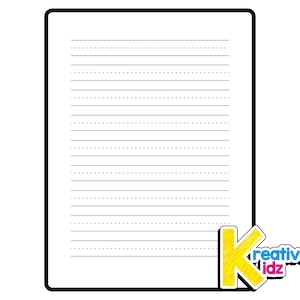 May include: A white handwriting practice sheet with black lines and dotted lines. The sheet is framed in black and features a yellow and blue logo that reads "Kreative Kidz".