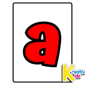 May include: A white rectangular card featuring a large red letter "a" with a black outline. The lower right corner displays the text "Kreative Kidz" in a colorful, cartoonish design.
