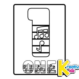 Puede incluir: Ilustración en blanco y negro del número uno con notas musicales en su interior. La palabra "ONE" está escrita debajo del número con notas musicales incorporadas en cada letra. La palabra "Kreative Kidz" está escrita en amarillo con texto negro.