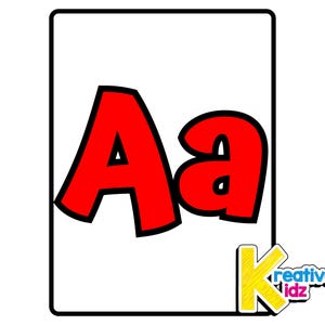 May include: A white rectangular card with a black border features the uppercase and lowercase letter "A" in red with a black outline. The lower right corner has a yellow "K" and the text "Kreative Kidz".