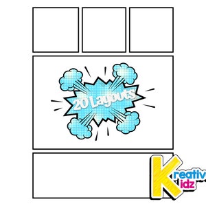 May include: A black and white comic book style layout template with 20 layouts. The template has a blue and white comic book style explosion with the text "20 Layouts" in the center. The template is labeled "Kreative Kidz" in the bottom right corner.