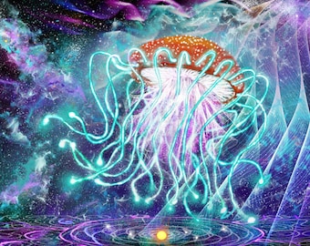 May include: A digital art illustration of a glowing, blue jellyfish-like creature with a red and white cap, floating in a galaxy of stars and swirling nebulae.