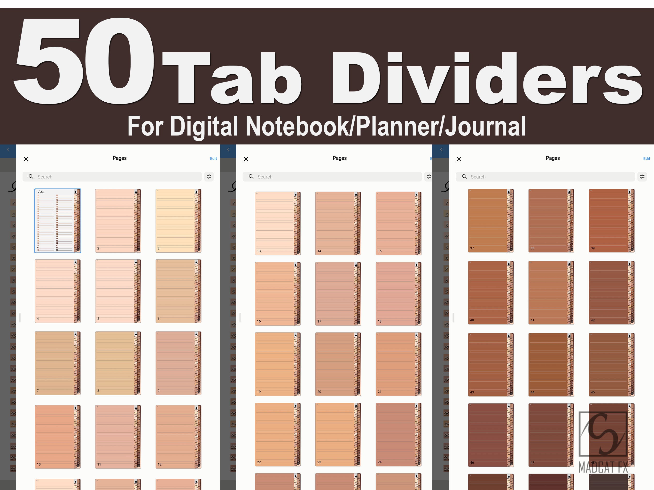 50 Tab Dividers, Digital Index Dividers, Digital Journal Tabs, Digital