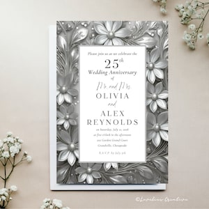 Silber 25. Jahrestag Blumenhochzeitseinladung & passende Dankeskarten - digitaler Download