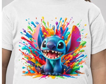 Camiseta unisex para niños con salpicaduras de color de Disney Stitch, camiseta de vacaciones de Disney, camiseta de Disney