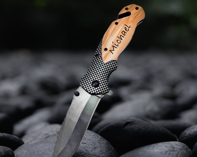 Father’s Day Gift -  Gift for Him - Pocket Folding Knife - Tactical Knife - Gift for Boyfriend - Godfather Gift -Olive Wooden handle