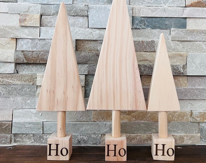 Large Size Set of 3 New Year's Trees Pine Wood JOY Ho Ho Ho Engraved Farmhouse Decor DIY Craft Gift for her Holiday Home Decor Sign Self Sit