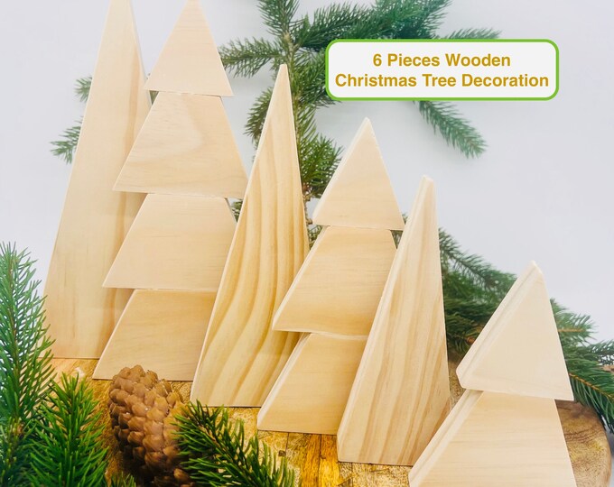 New Year Tree Decoration, Woodland Pine Trees, DIY Craft Holiday Decor, Set of 6 Self Standing Home Decor, Unfinished Christmas Ornaments