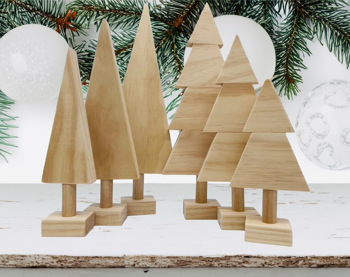 Christmas  Trees Set of 6, Unfinished Wooden Craft, DIY Winter Holiday Farmhouse Decoration, New Year Accessory, Christmas Gift for Kids