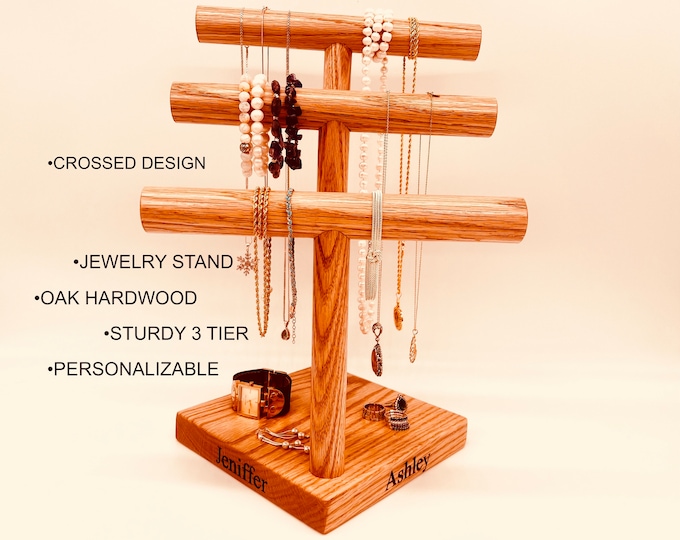 Wooden Jewelry Stand Display | 3 Tier Cross Designed | Bracelet Necklace Organizer | Personalized Valentines Day Gift| Custom Name Engraving