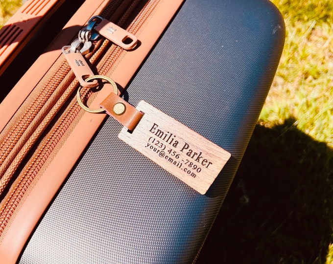 Luggage Tag Personalized Gift Engraved Walnut Luggage Accessories Name Tag for all Bags Travel ID Gift Backpack Travel Wooden Leather Tag