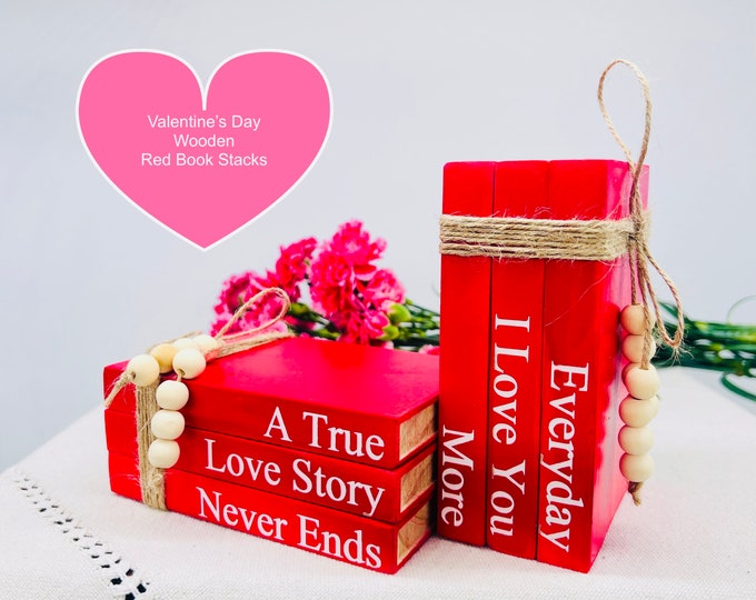 Valentine’s Day Decor | Anniversary Gift | Valentine Gift | Tiered tray Love Decoration | Love Story Book Stacks | Wooden Book Decoration