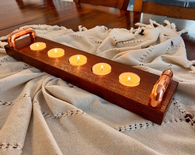 Mahagony Oak Tealight Candle Holder | Rustic Vintage Copper Wooden Home Decor | Housewarming New Home Gift Idea