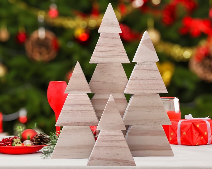 Customizable Christmas Craft Tree Set of 4 Large FreeStanding Pine Wood Trees, New Year's Decoration, Christmas Vintage Decor, Gift for Kids