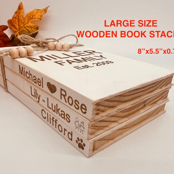 Tiered Tray Christmas Gift Decor | Customizable Stacked Books Pinewood | Family Name Engraved | Housewarming Gift Idea | Boho Vintage Design