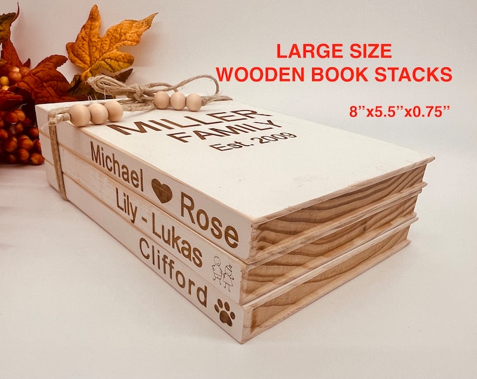 Personalized Wooden Book Stacks, Anniversary Gift, Customizable Books, Family Name Engraved Housewarming Gift, Family Christmas Gifts, Decor