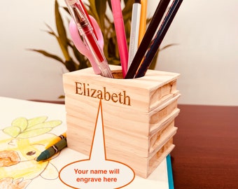 Graduation Gift Customizable Pencil holder Stacked Books Custom Name Engraving DIY Crafting Unfinished Decor Vintage Wooden Desk Accessories