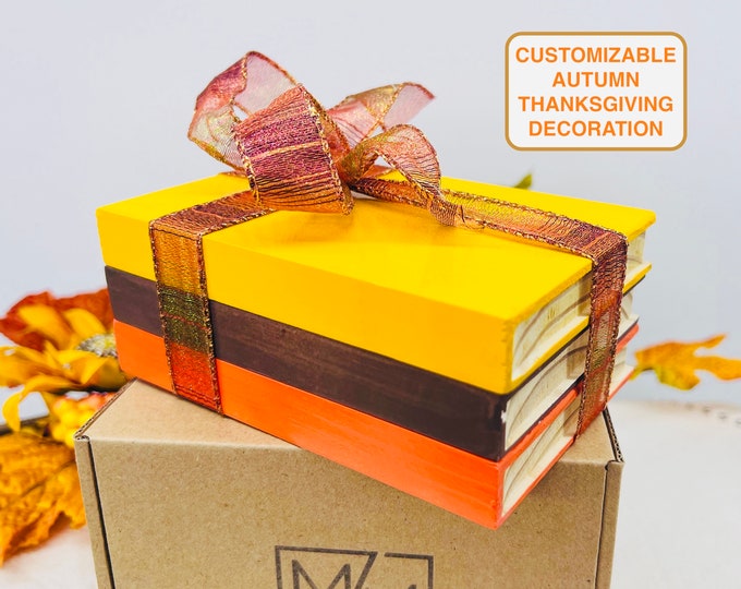 Thanksgiving Decor | Wooden Book Stacks Tiered Tray Decoration | Autumn Fall Holiday Home Decor | Customizable Gift
