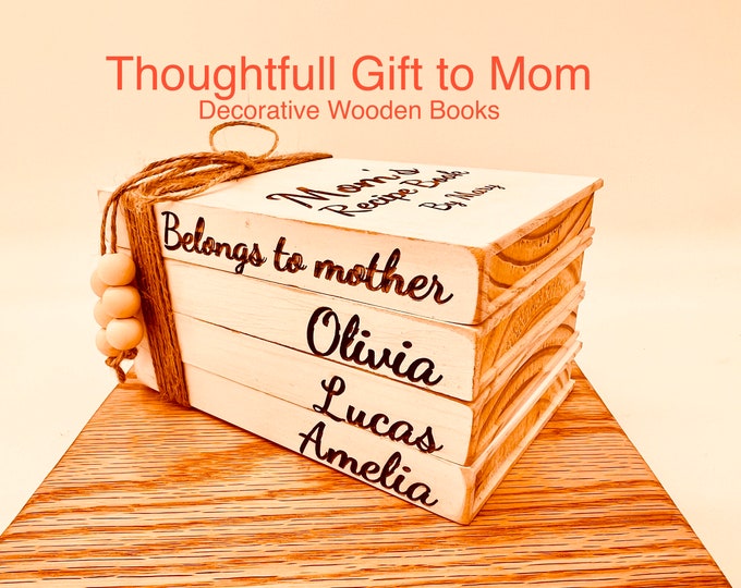 Mother's Day Gift | Mom's Recipe Book | Customize Mother and Sibling Names Engraving | Toughtfull Mummy Gift | Tiered tray wooden book decor