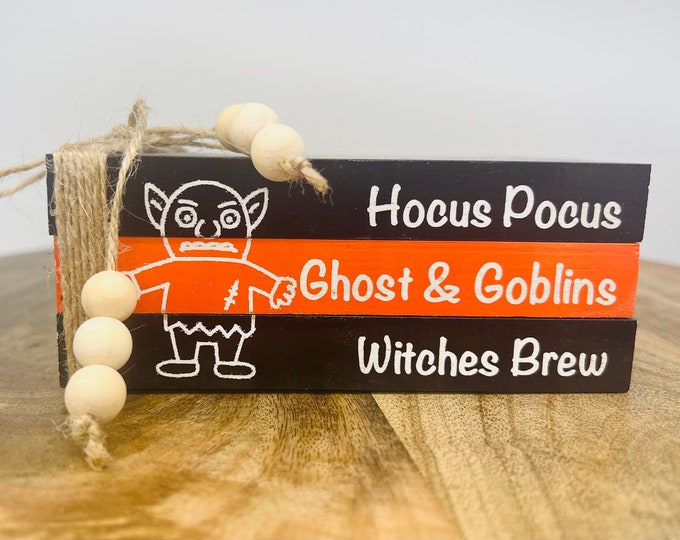 Halloween Tiered Tray Decor Gift for Kids Table Wooden Books Stack Fall Home Decor Hocus Pocus Ghost and Goblins Whiches Brew Halloween Gift