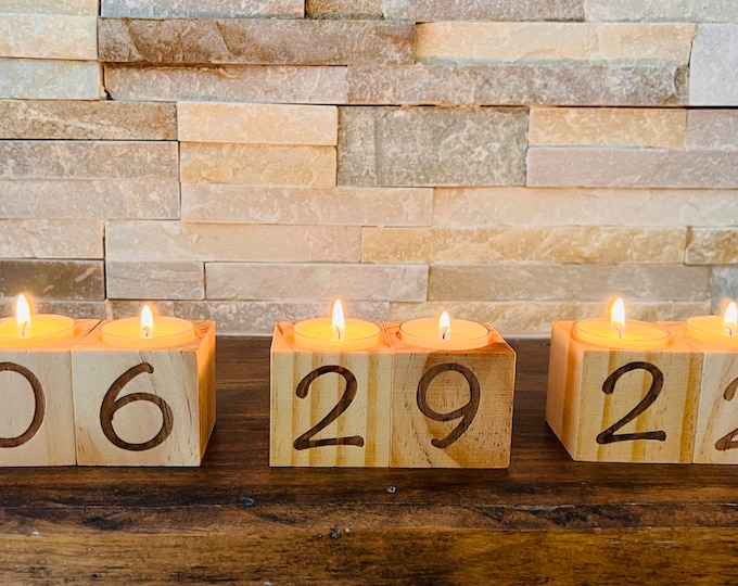 Personalized Wooden Date Candle Holder, Custom Name Sign, Tealight Candle Stand, 2" Pine Cubes, Housewarming Gift, Fall Mantle Decor, Gift
