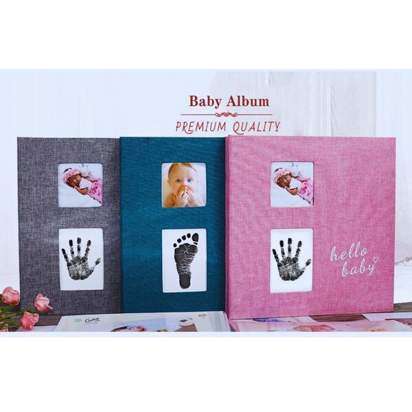 Baby Fotoalbum Zelfklevend Geheugen Boek 4x6 Magnetische Scrapbook Kit met Stempelkussen Handafdruk Voetafdruk voor Jongen/Meisje 2 Windows