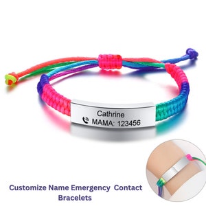 Handmade Braided Rope Customize Name Emergency Contact Bracelets for Kids Baby, Personalized Baby ID Bracelet