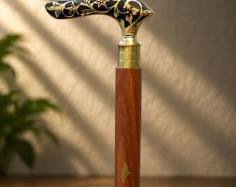 Vintage Floral Brass Handle Walking Stick Wooden Elegant Gentleman Cane For Gift