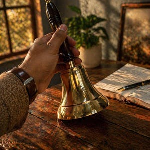 Pu&ograve; includere: Una campana di ottone lucido con un manico in legno scuro &egrave; tenuta sopra un tavolo di legno. La campana ha una forma classica ed &egrave; molto lucida, riflettendo la luce. Sono visibili anche un orologio in pelle e un taccuino con una penna.