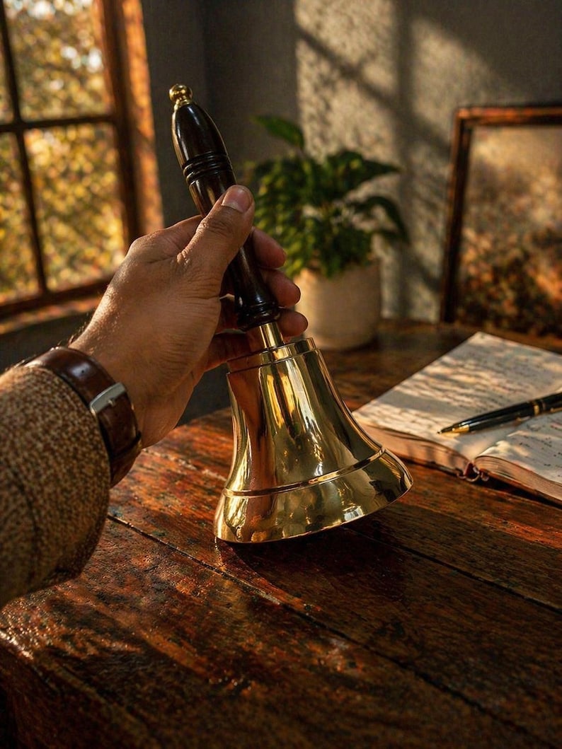 Pu&ograve; includere: Una campana di ottone lucido con un manico in legno scuro &egrave; tenuta sopra un tavolo di legno. La campana ha una forma classica ed &egrave; molto lucida, riflettendo la luce. Sono visibili anche un orologio in pelle e un taccuino con una penna.