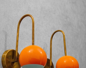 Mid Century Brass Wall Sconce: Italian Diabolo Orange Shade