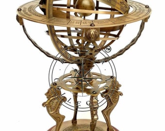 Antique Brass 18" Armillary Globe Sphere Engraved with Compass on Wooden Base~Home & Office Decor Gift