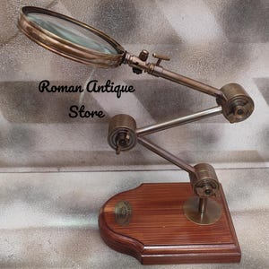Antique brass Desk Magnifier Moveable Lens Kelvin & Hugnes London Marine Adjustable Magnifying Glass - Vintage Tabletop Accessory