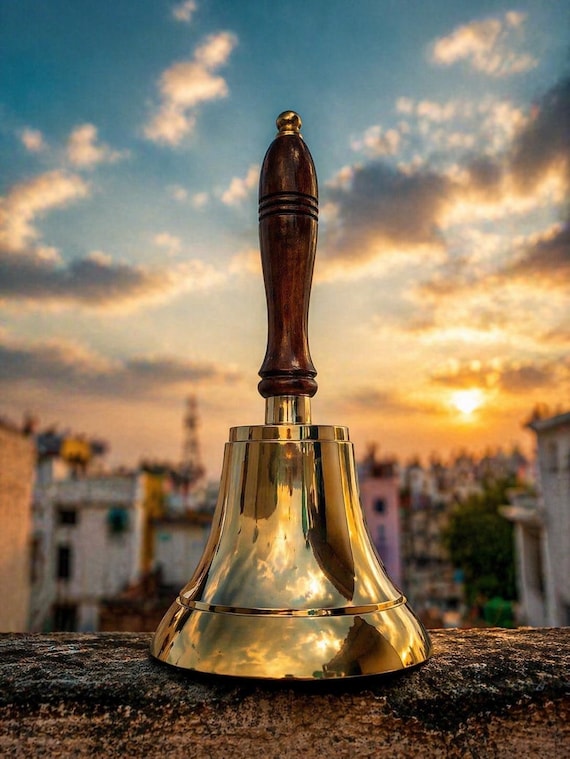 Solid Brass Hand Bell: 11" Nautical School Service Bell with Wood Handle