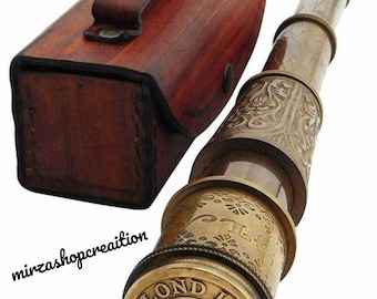 Solid 14" Telescope Antique Hand Held Pocket Spyglass in Lather Box Christmas Gift