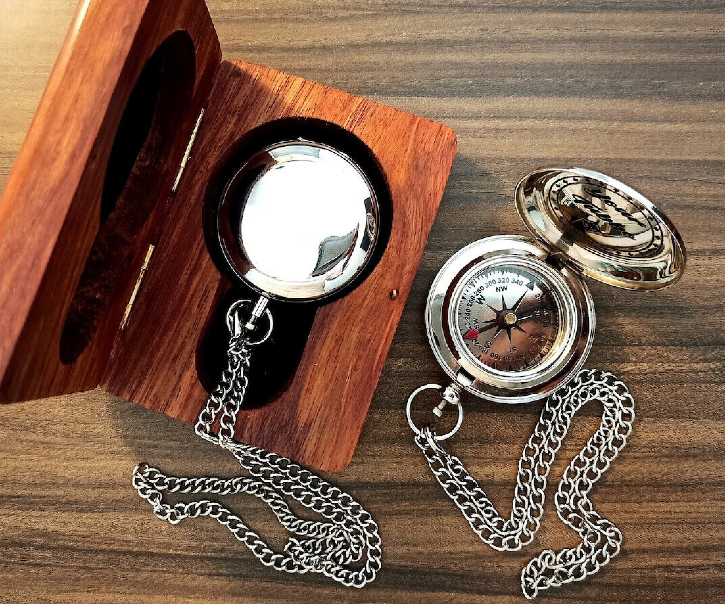 Push Button Compass Nautical Brass Push Button Compass Vintage Chrome Finish With Wooden ...