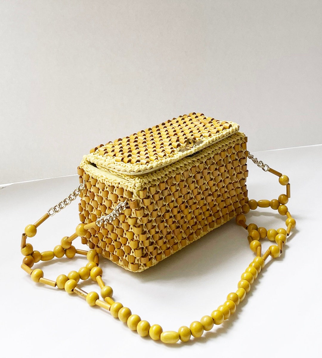 Wooden Bead Box Bag With Beaded Strap Etsy