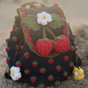 crochet strawberry backpack bag/crochet school bag/Colorful Backpack with Vegan Suede Straps/Crochet Hippie Backpack Purse/Birthday Gift
